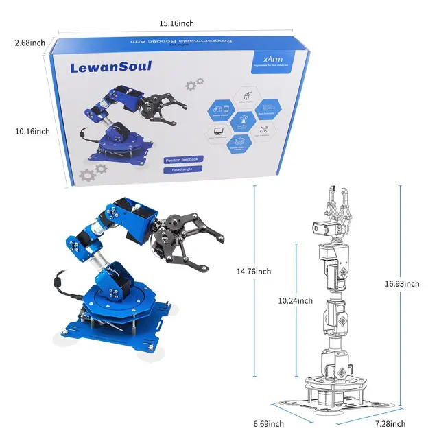 LewanSoul xArm 6DOF Full Metal Programmable Robotic Arm - Dimensions - Best Robotics Kits for Adults
